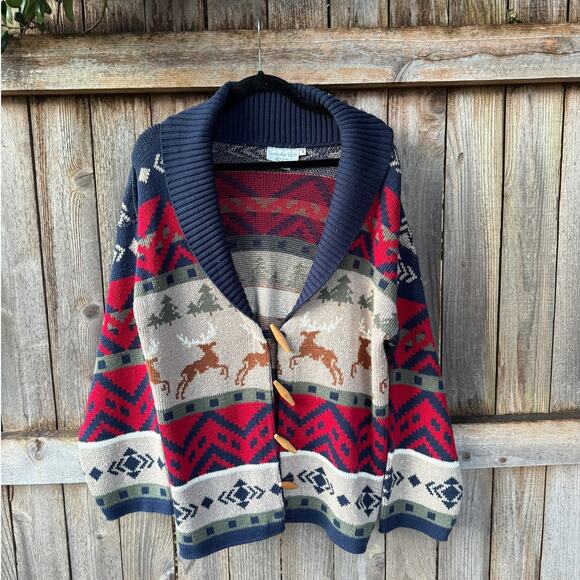 Vintage Sweater Loft Cardigan SWEATER toggle aztec Christmas Holiday deer trees - Picture 1 of 5